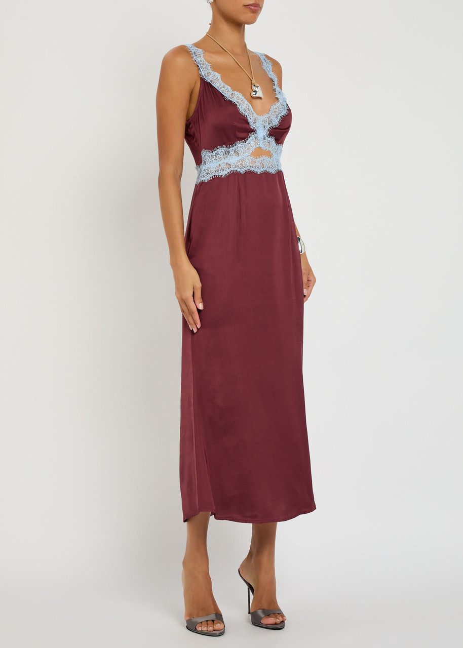 Never Fully Dressed Mimi Lace-trim Satin Midi Dress In Burgundy