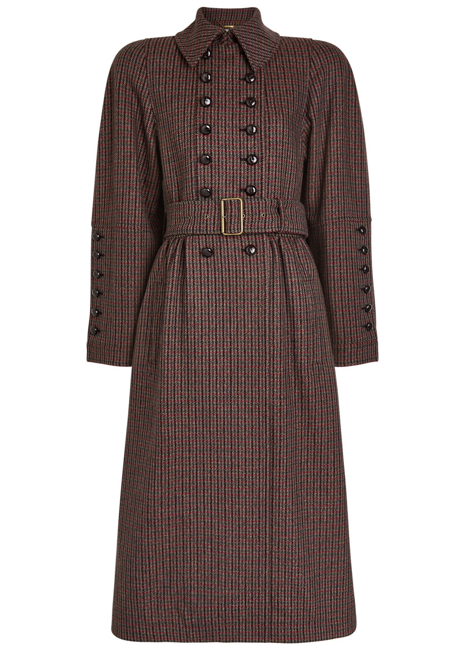 Chloé Chloe Houndstooth Double-breasted Belted Wool Coat In Brown