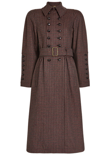 Houndstooth double-breasted belted wool coat