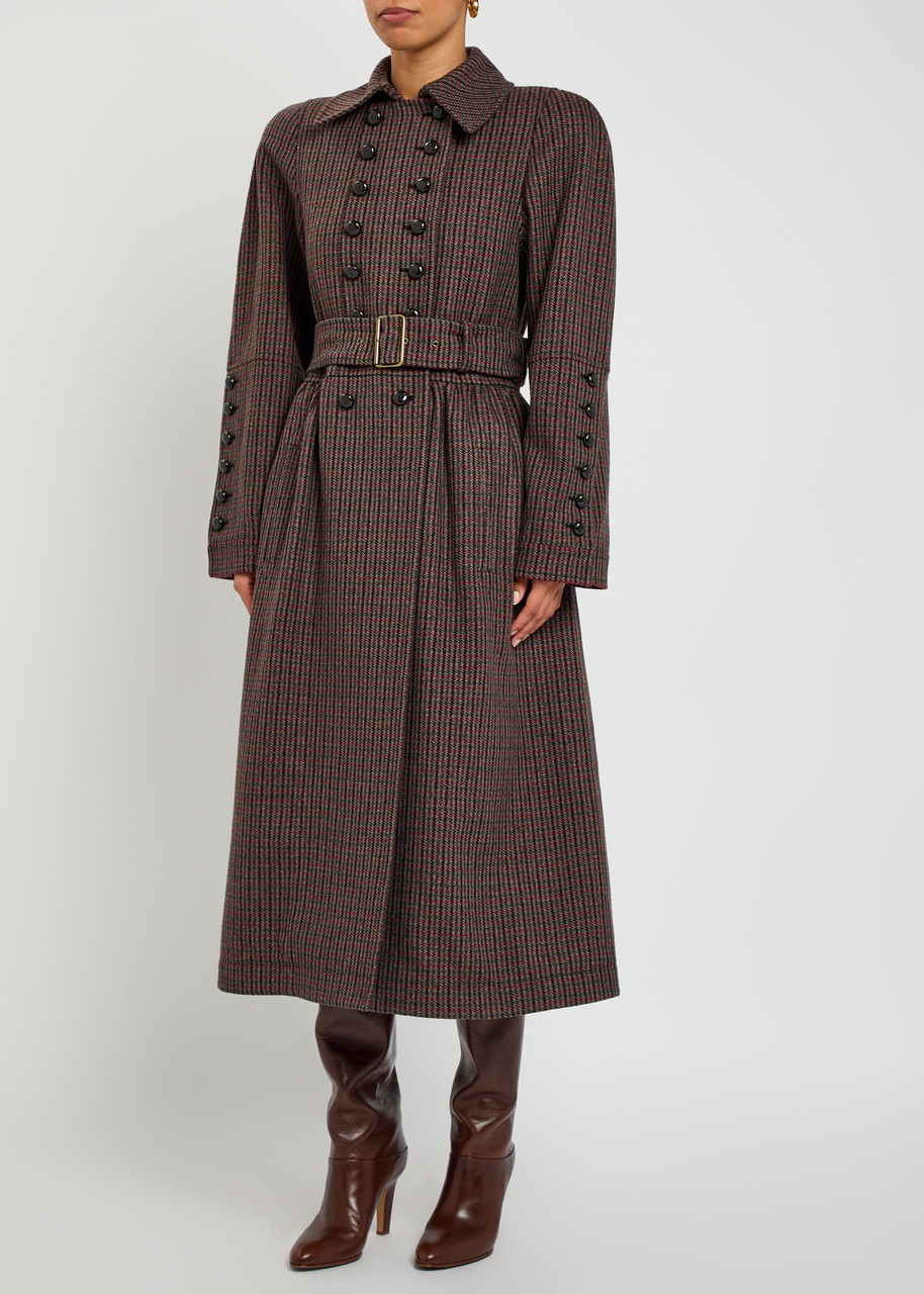 Chloé Chloe Houndstooth Double-breasted Belted Wool Coat In Brown