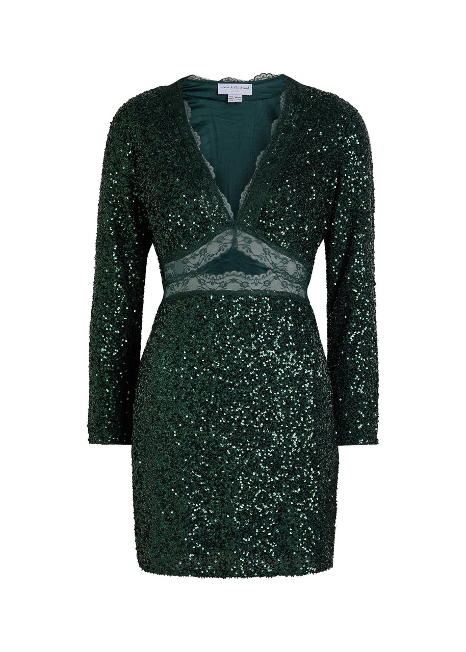 Never Fully Dressed Mimi Sequin-embellished Satin Mini Dress In Green