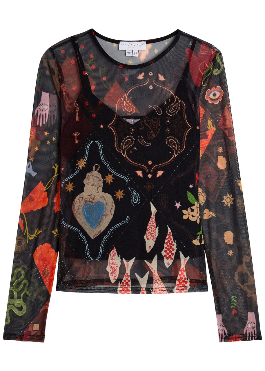 Never Fully Dressed Night Garden Printed Mesh Top In Multi