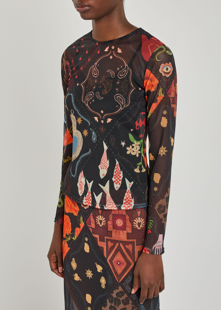Never Fully Dressed Night Garden Printed Mesh Top In Multi