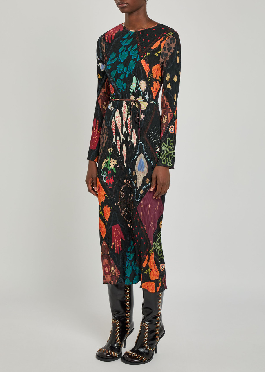 Never Fully Dressed Gaia Printed Plissé Midi Dress In Multi