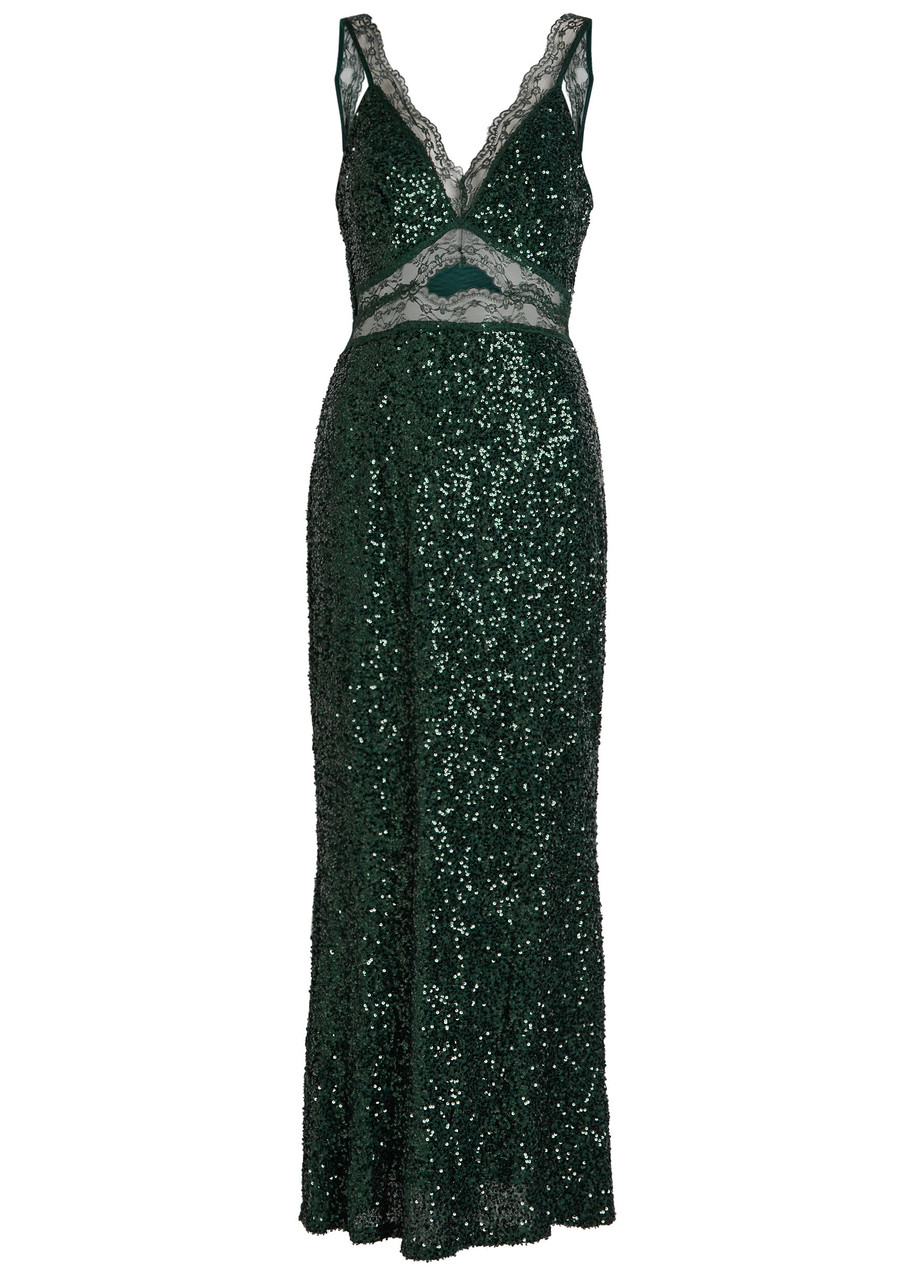Never Fully Dressed Mimi Sequin-embellished Satin Maxi Dress In Green