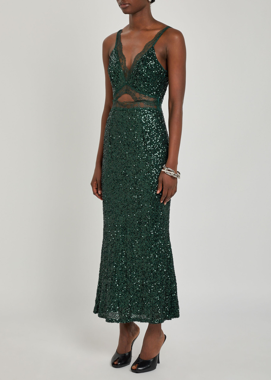 Never Fully Dressed Mimi Sequin-embellished Satin Maxi Dress In Green
