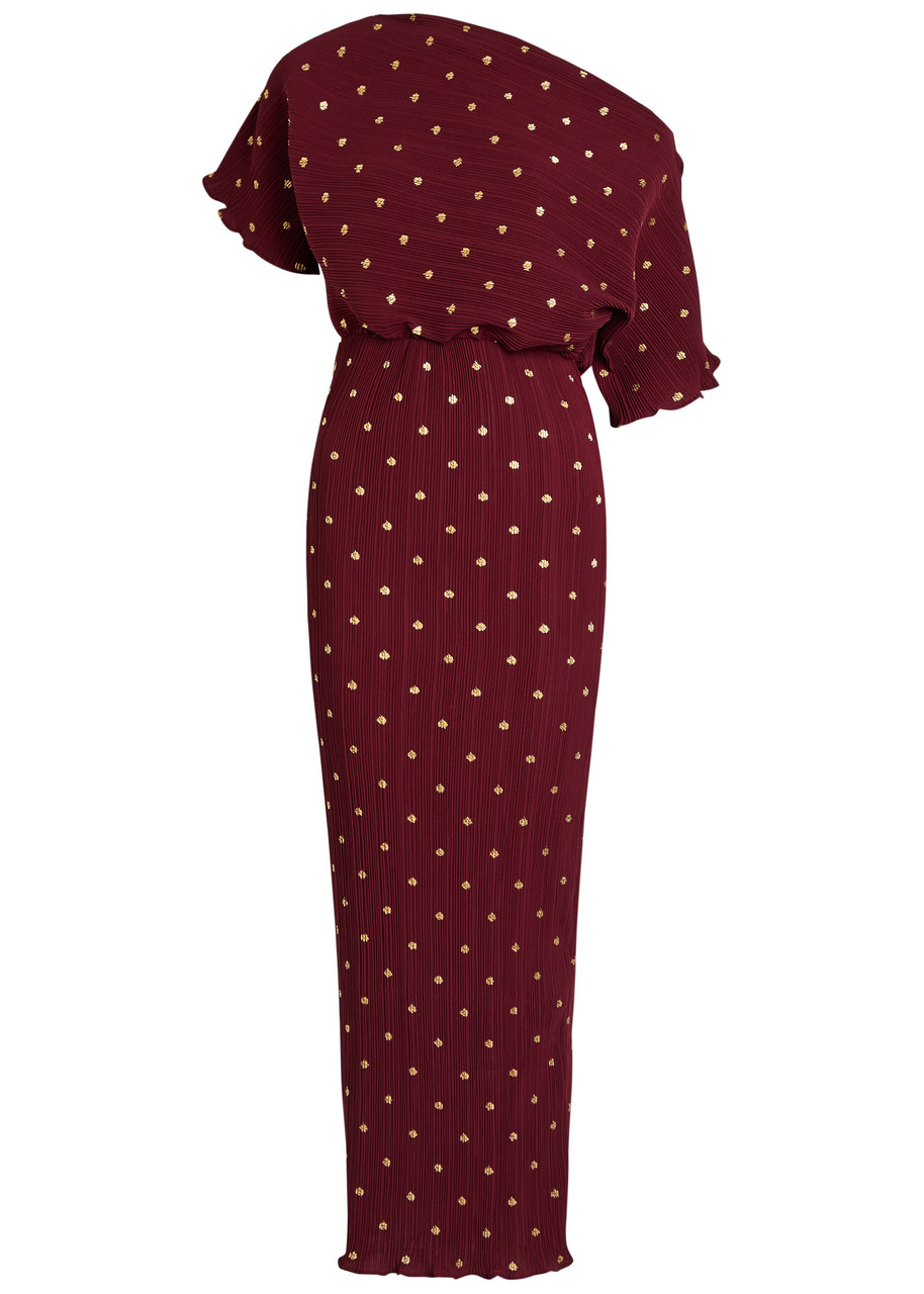 Never Fully Dressed Tilly Polka-dot Plissé Midi Dress In Burgundy
