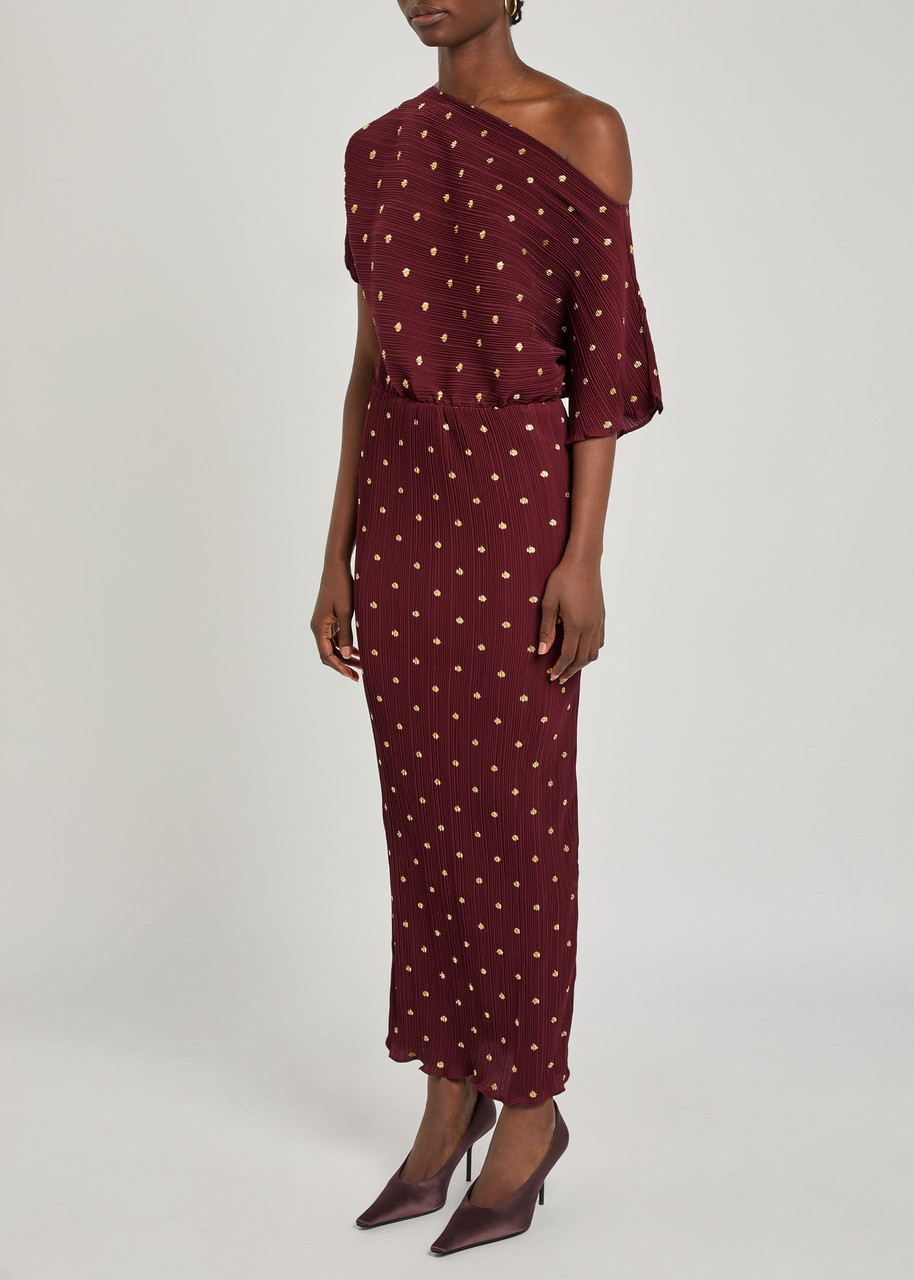 Never Fully Dressed Tilly Polka-dot Plissé Midi Dress In Burgundy