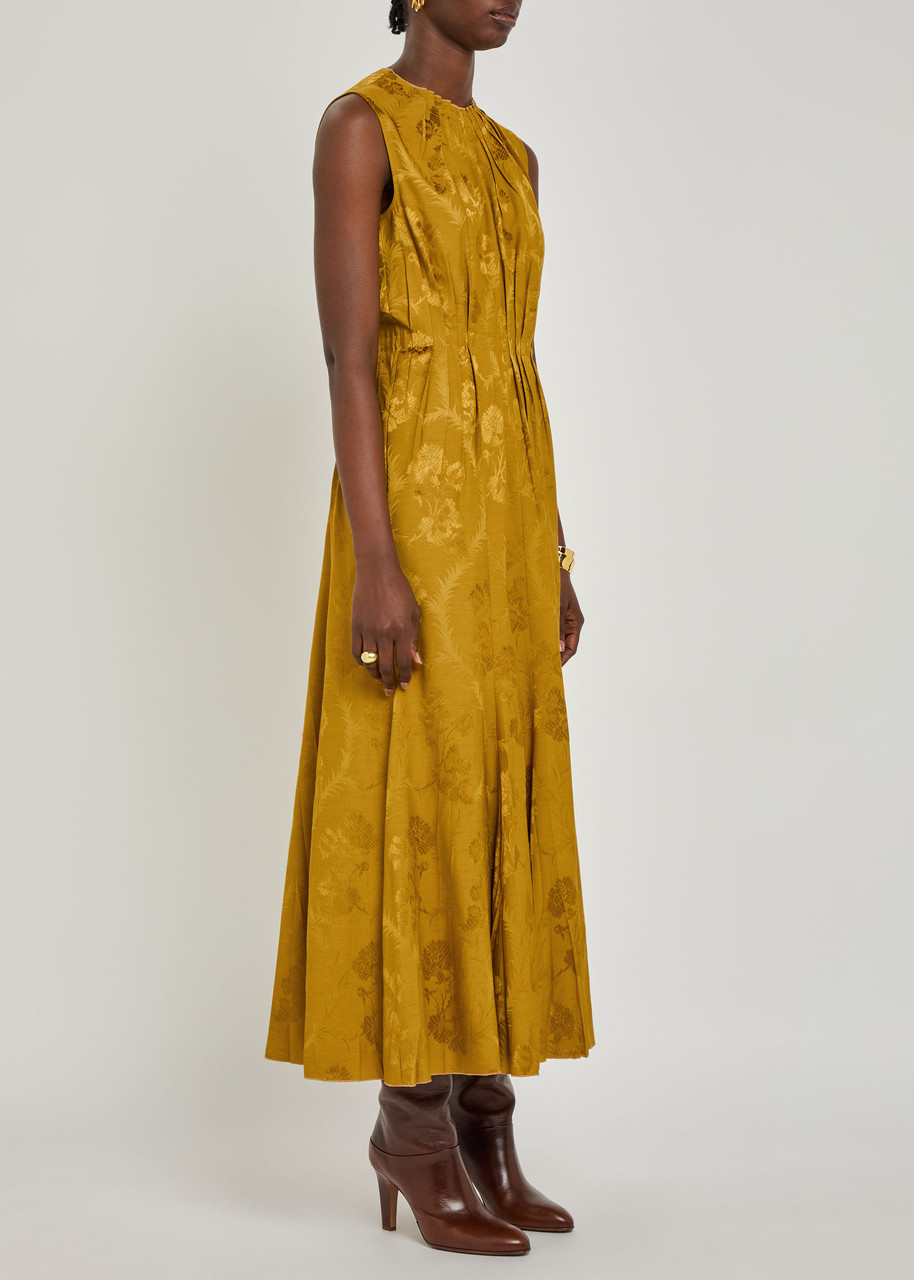 Etro Leafy Jacquard Sleeveless Midi Dress In Yellow