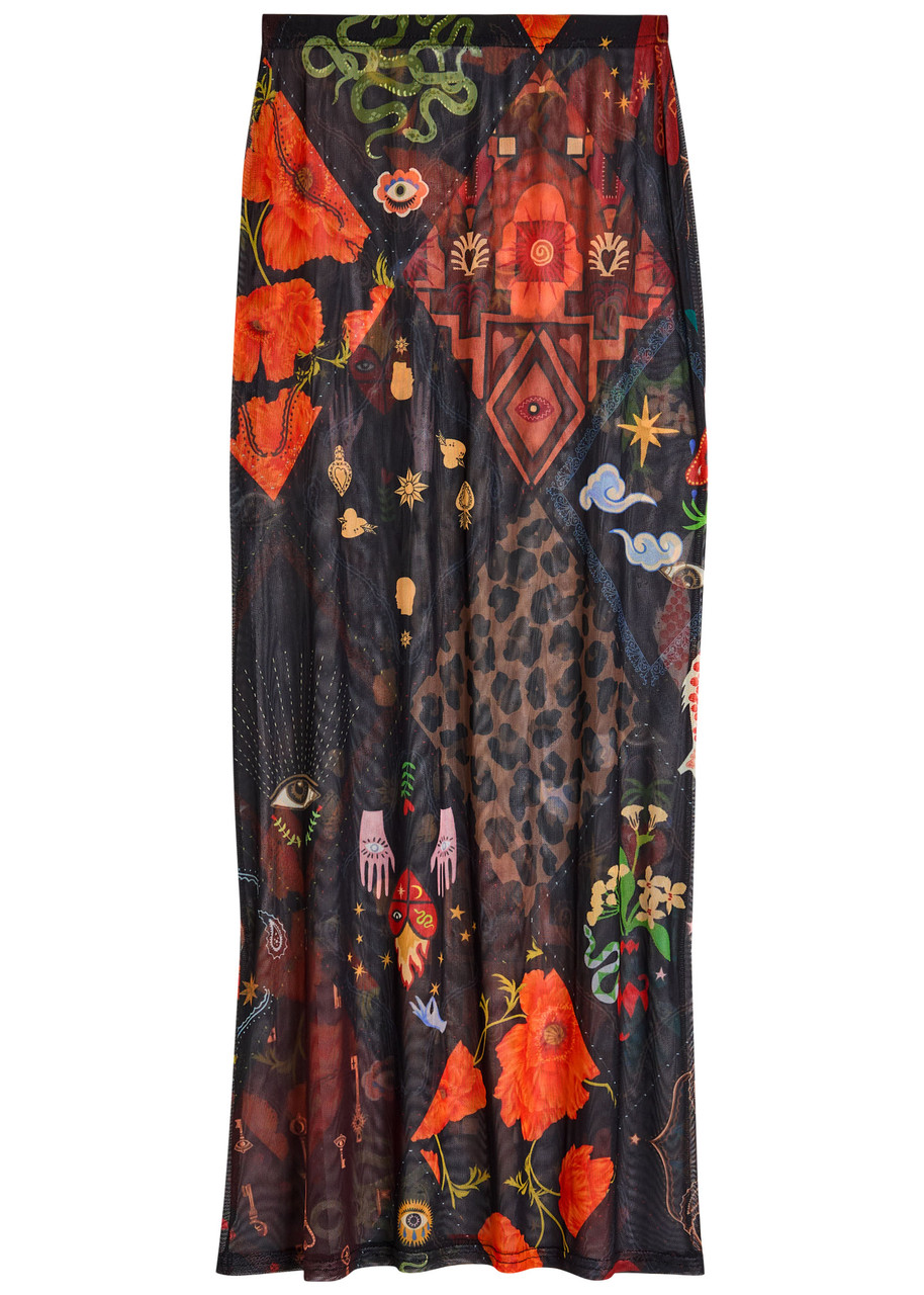 Never Fully Dressed Dorris Printed Mesh Midi Skirt In Multi
