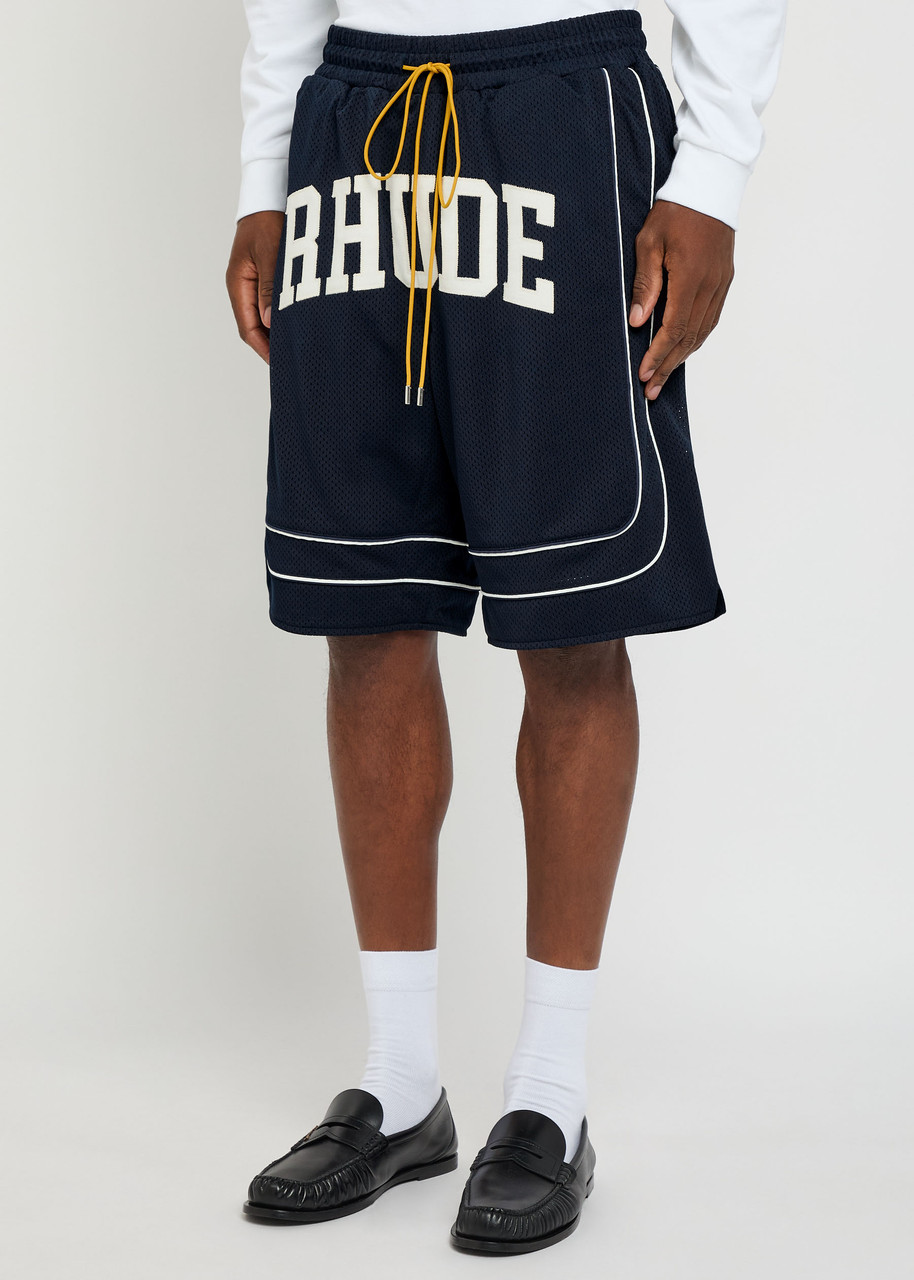 Rhude Collegiate Logo Perforated Mesh Shorts In Blue