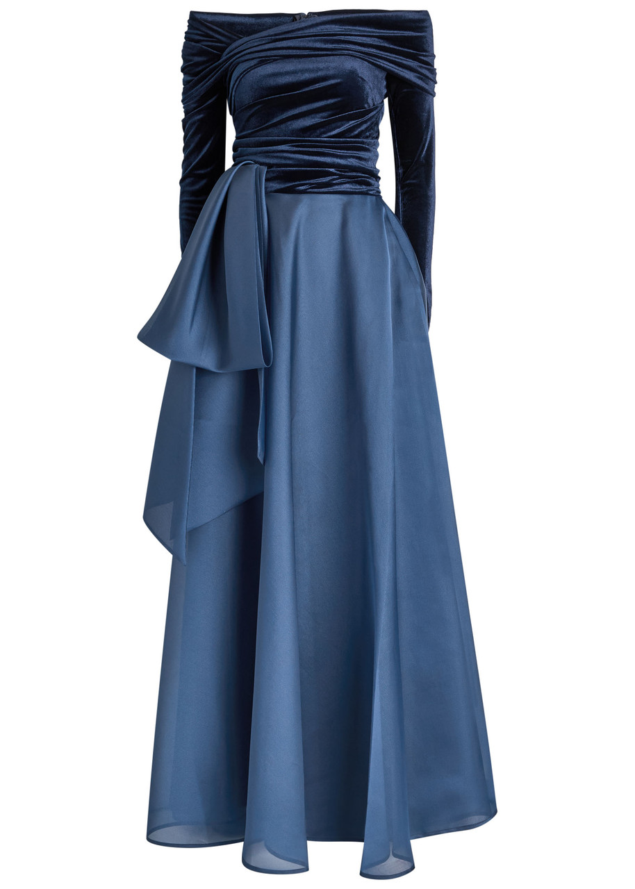Talbot Runhof Draped Velvet And Organza Gown In Blue