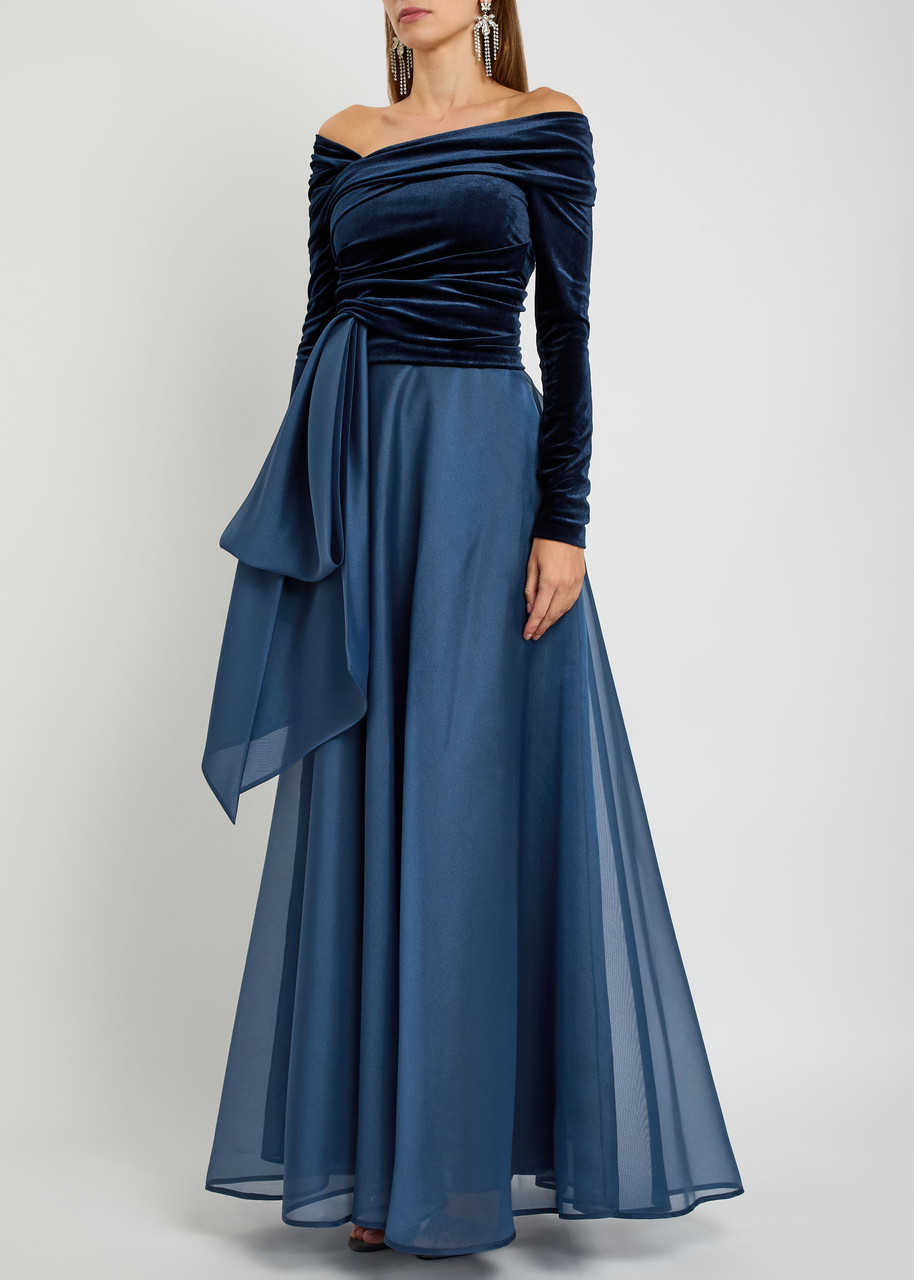 Talbot Runhof Draped Velvet And Organza Gown In Blue