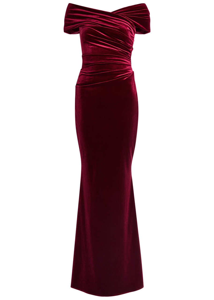 Talbot Runhof Ruched Velvet Gown In Burgundy