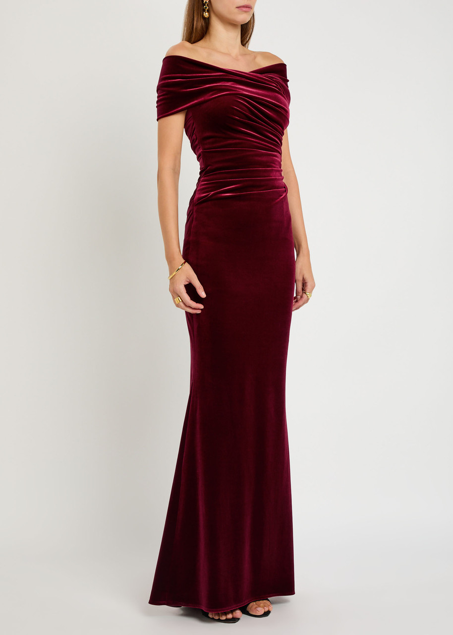 Talbot Runhof Ruched Velvet Gown In Burgundy