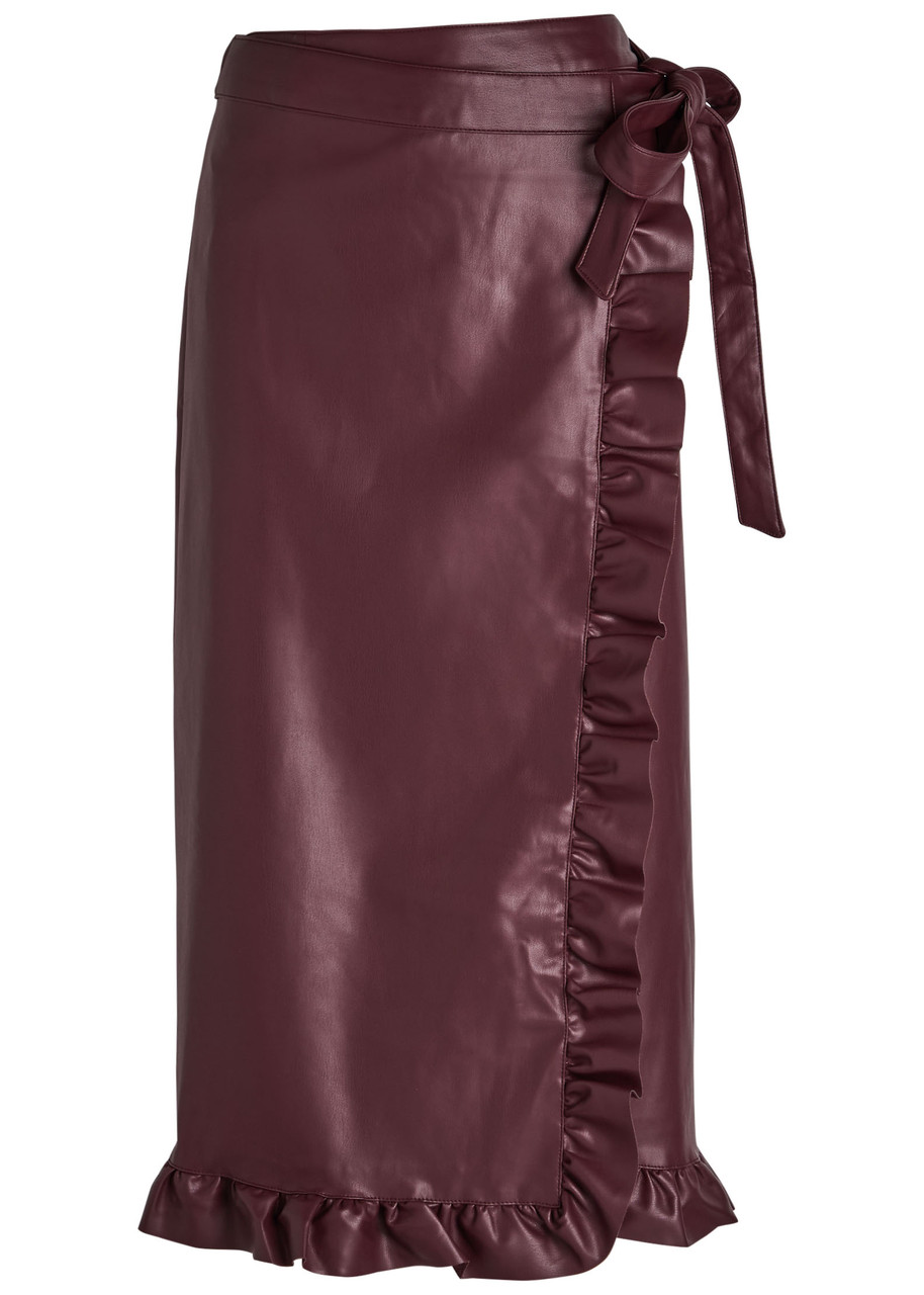 Never Fully Dressed Jaspre Ruffled Faux Leather Midi Wrap Skirt In Burgundy