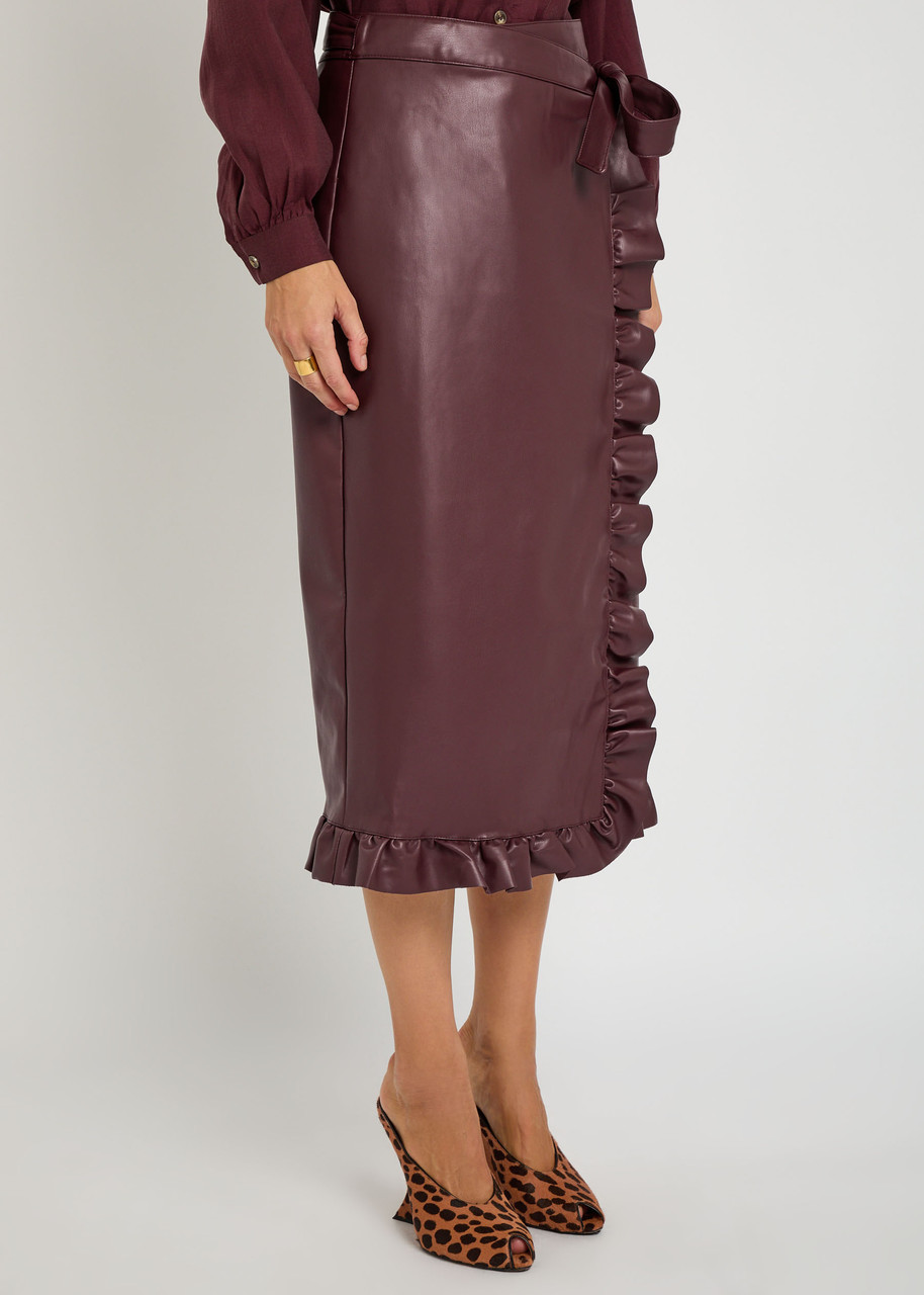 Never Fully Dressed Jaspre Ruffled Faux Leather Midi Wrap Skirt In Burgundy