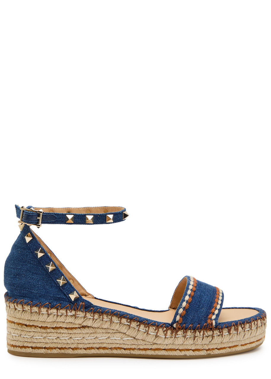 Valentino Rockstud 50 Denim Wedge Espadrilles In Blue