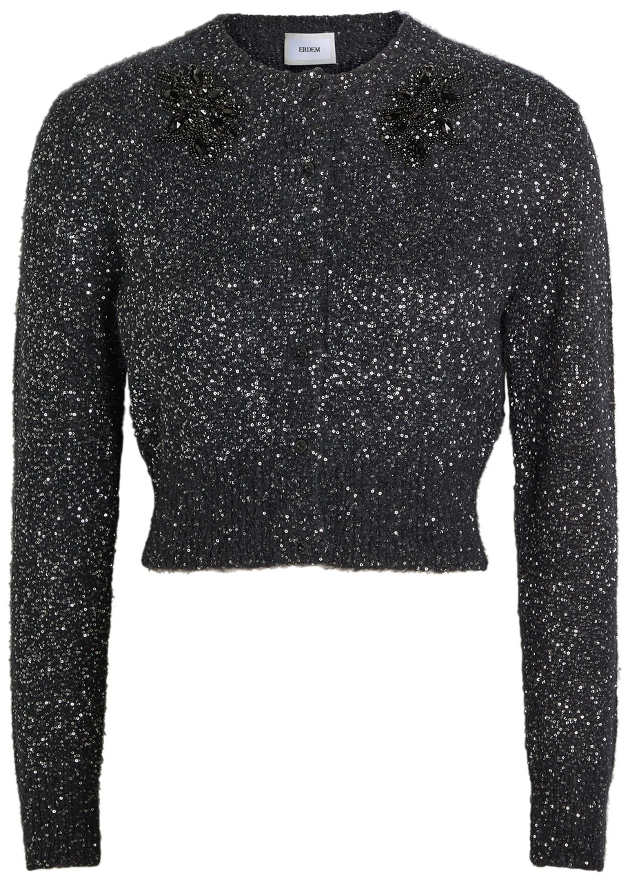 Erdem Embellished Brushed Alpaca-blend Cardigan In Gray
