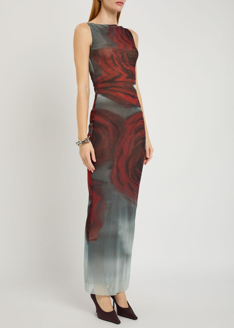Jean Paul Gaultier Boat Neck Blurry Roses Printed Sleeveless Dress In Brown