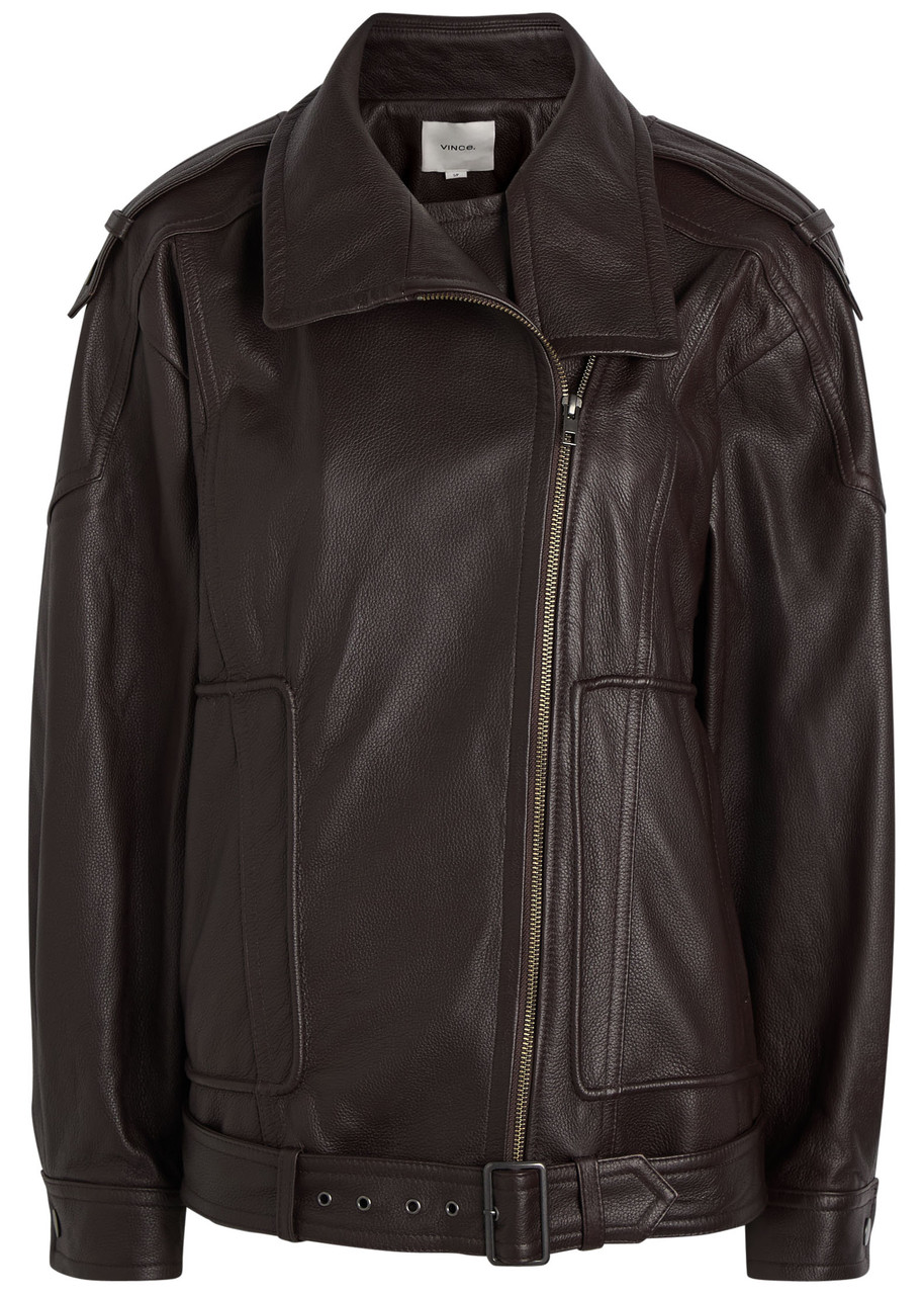Vince Panelled Grained Leather Jacket - Burgundy - L (UK14 / L)