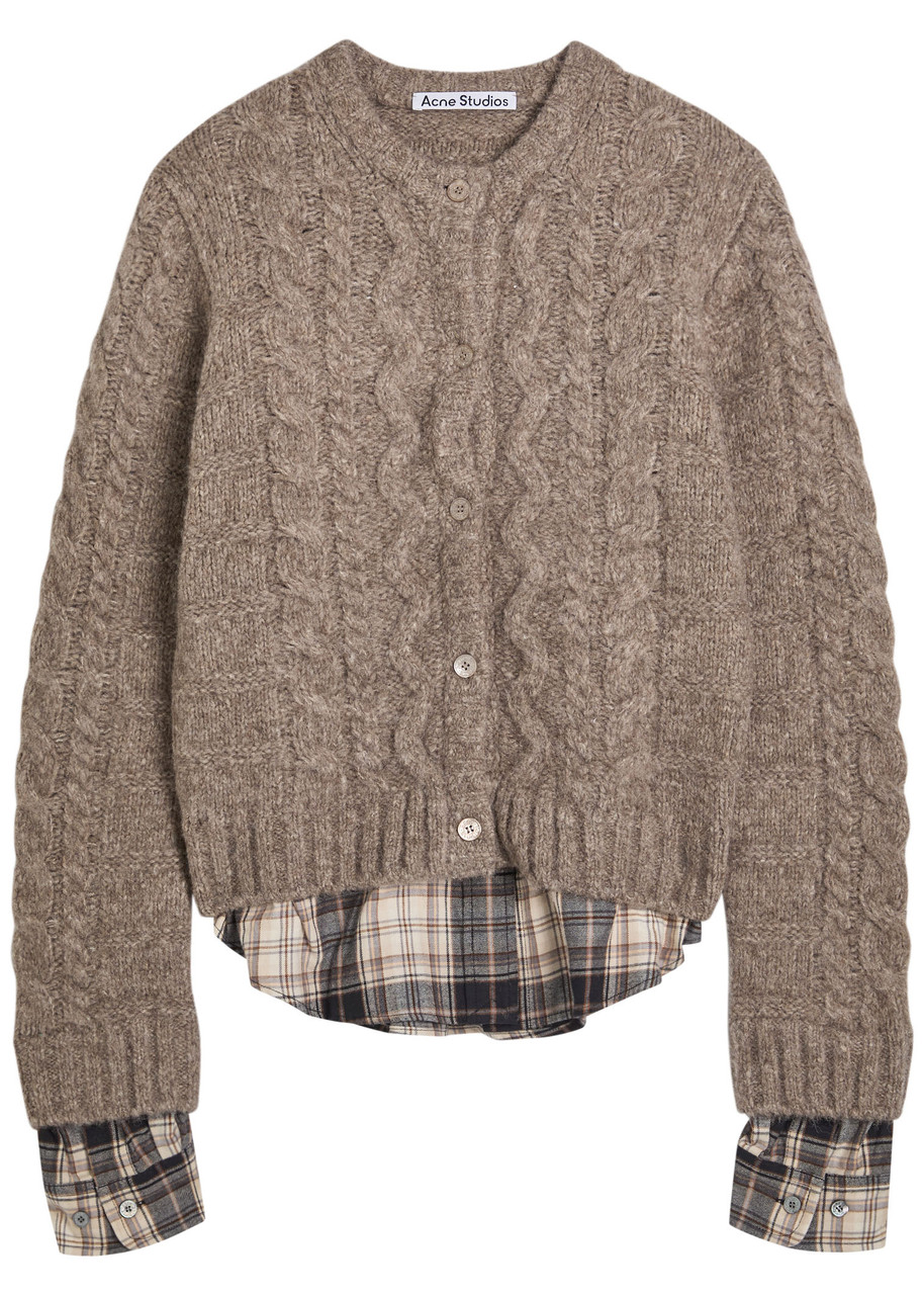 Acne Studios Layered Cable-knit And Checked Cotton-flannel Cardigan In Brown