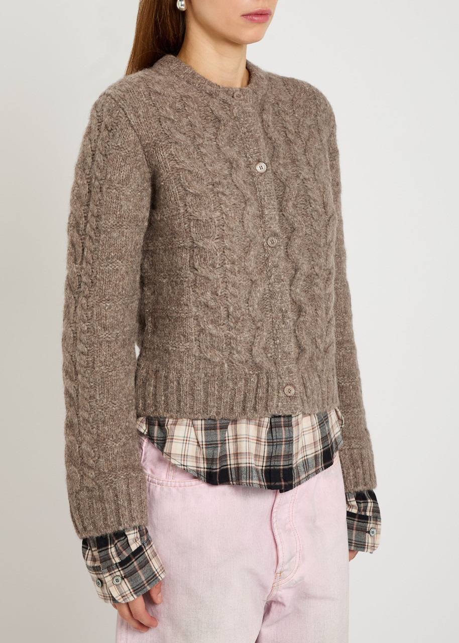 Acne Studios Layered Cable-knit And Checked Cotton-flannel Cardigan In Brown