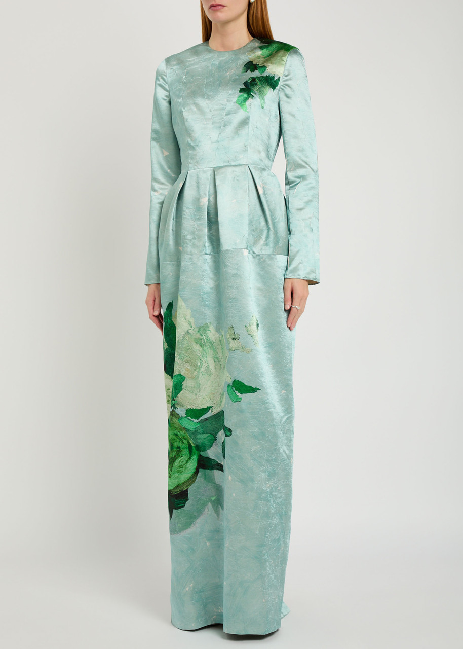 Erdem Flroal-print Textured Satin Maxi Dress In Blue
