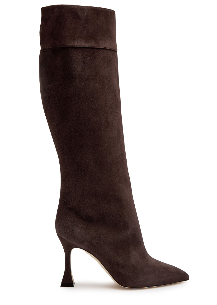 Manolo Blahnik Miralonepla 90 Suede Knee-high Boots In Brown