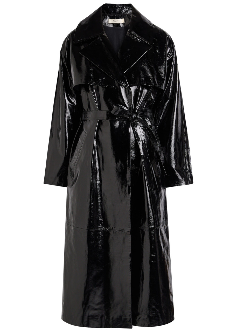 Skiim Karla Belted Patent Leather Trench Coat - Black - 38 (UK10 / S)