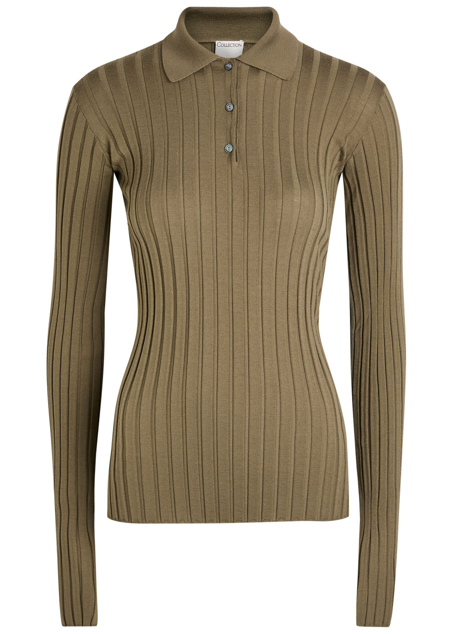 Calvin Klein Amber Ribbed Wool Polo Top In Green