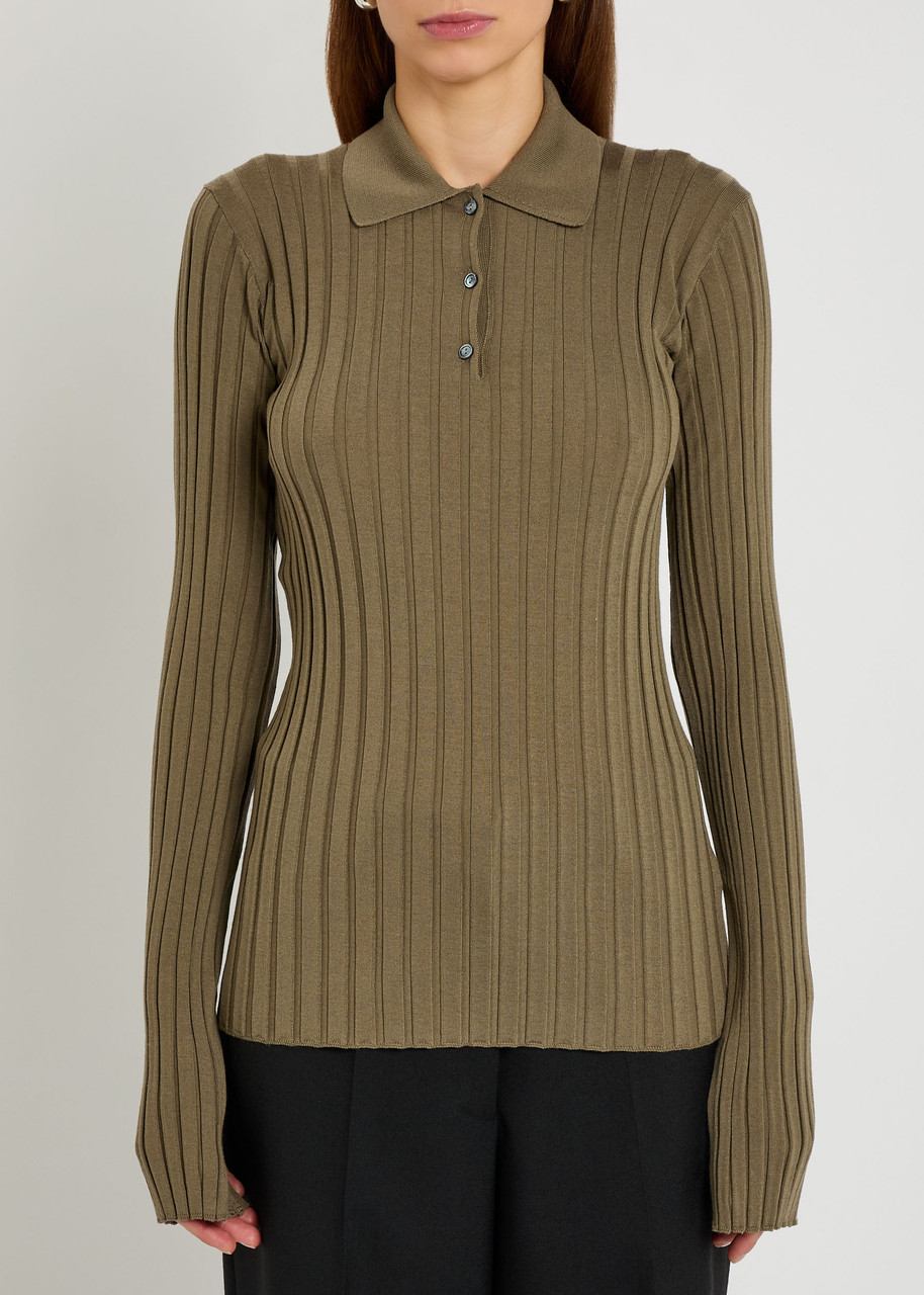 Calvin Klein Amber Ribbed Wool Polo Top In Green