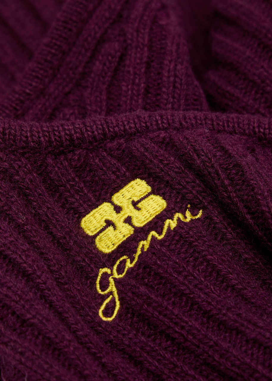 Ganni Core Future Logo-embroidered Wool-blend Balaclava In Burgundy