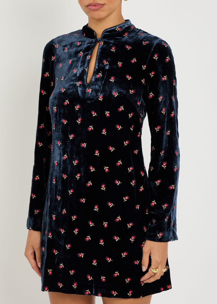 Rixo London Rixo Calla Floral-embroidered Velvet Mini Dress In Black