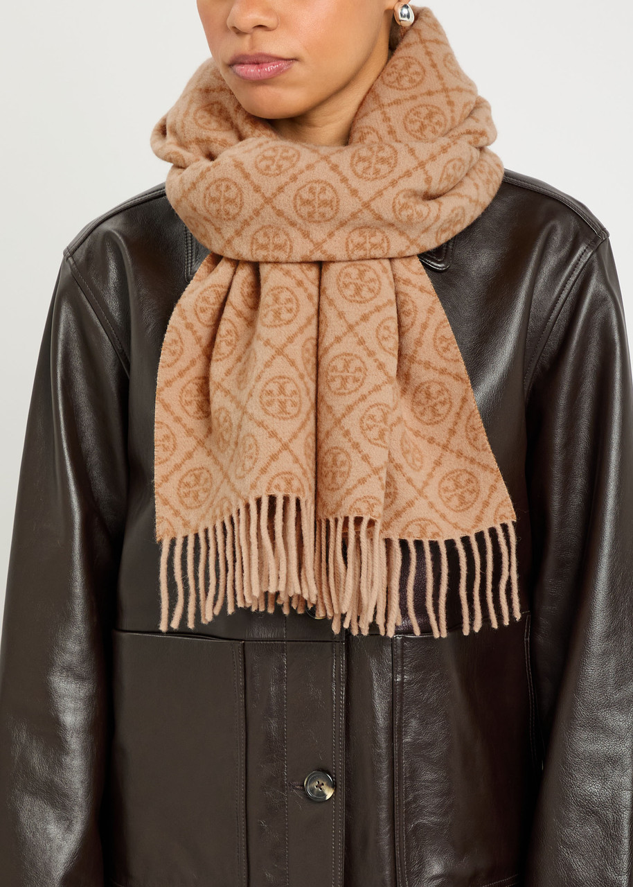 Tory Burch Logo-monogrammed Wool And Cashmere-blend Scarf In Brown