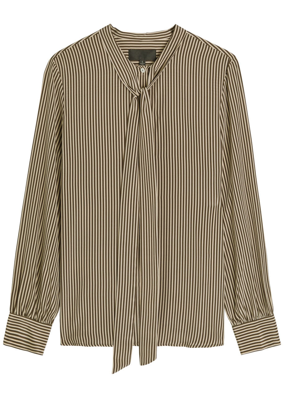 Nili Lotan Irina Tie-neck Striped Silk-crepe Shirt In Brown