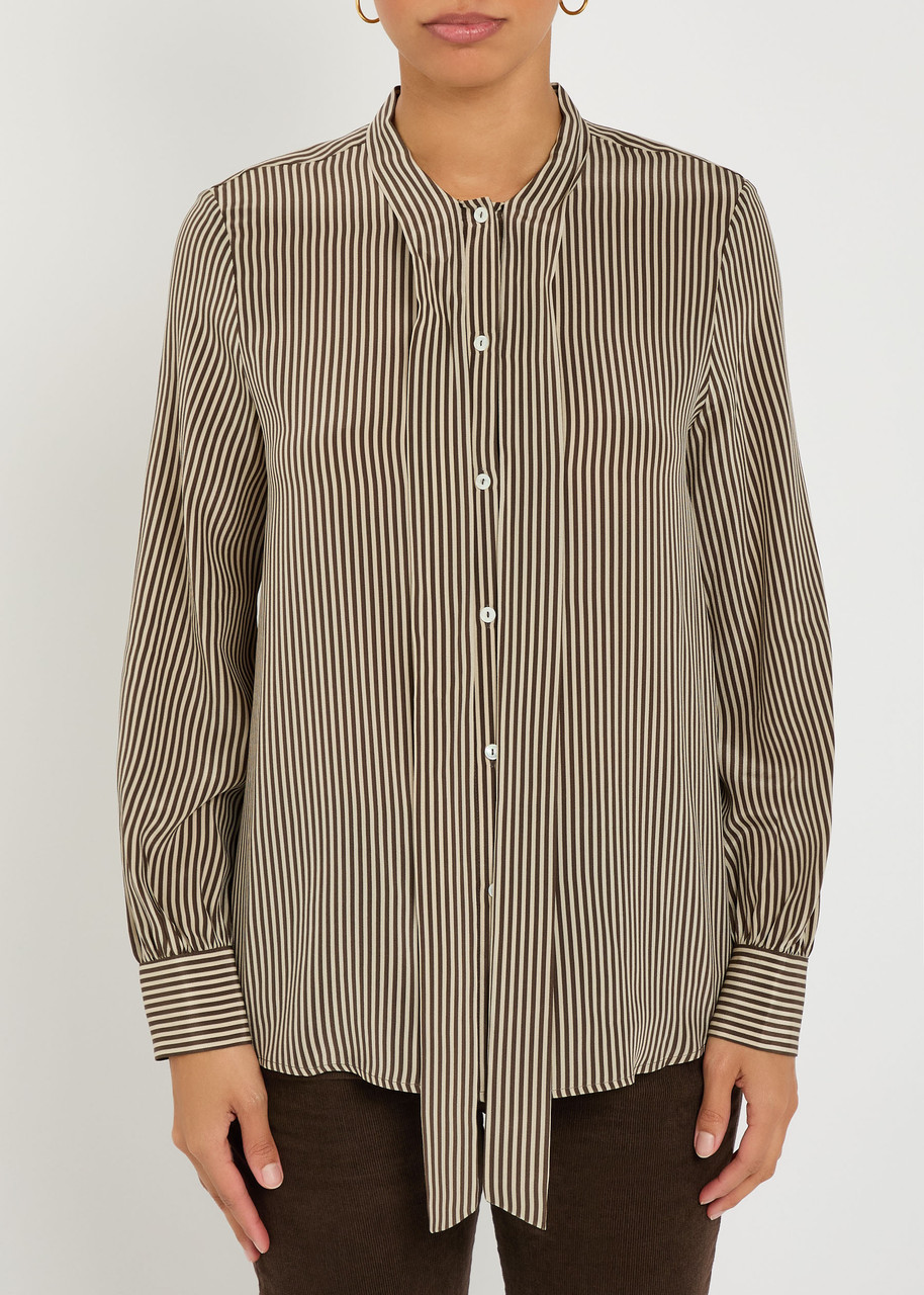 Nili Lotan Irina Tie-neck Striped Silk-crepe Shirt In Brown
