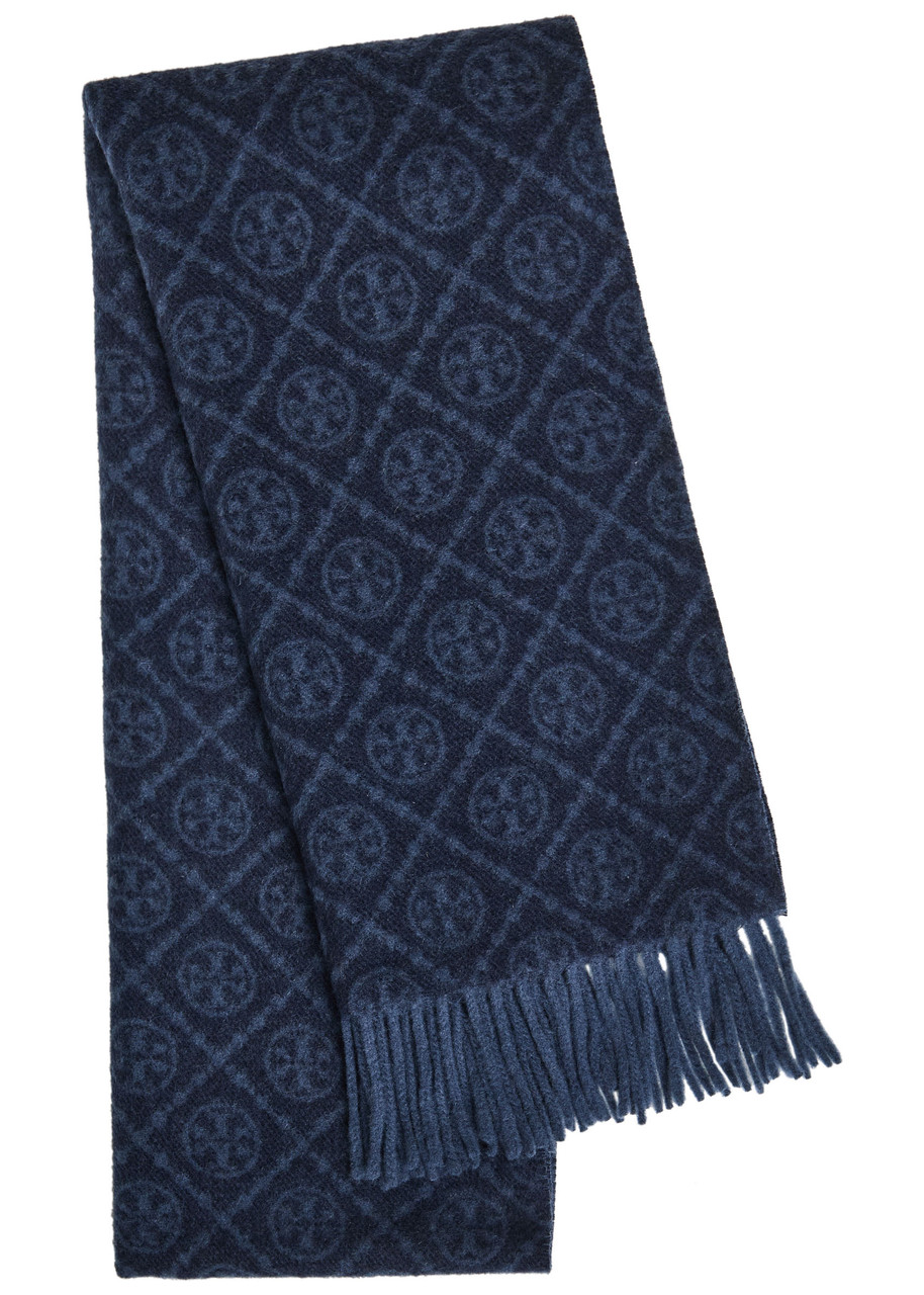 Tory Burch Logo-monogrammed Wool And Cashmere-blend Scarf In Blue