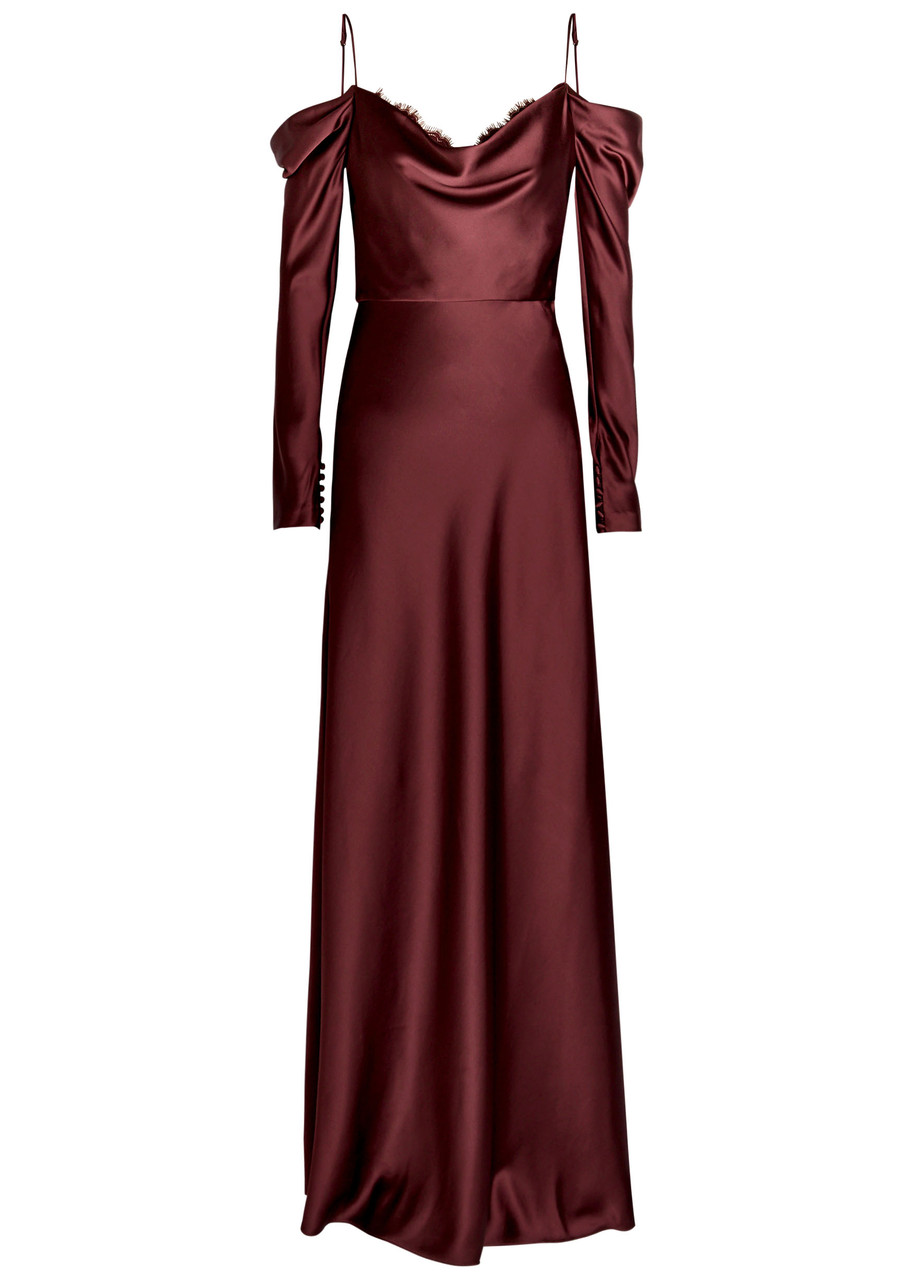 Rebecca Vallance Avalon Off-the-shoulder Satin Gown In Burgundy