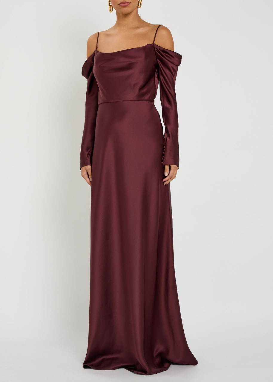 Rebecca Vallance Avalon Off-the-shoulder Satin Gown In Burgundy