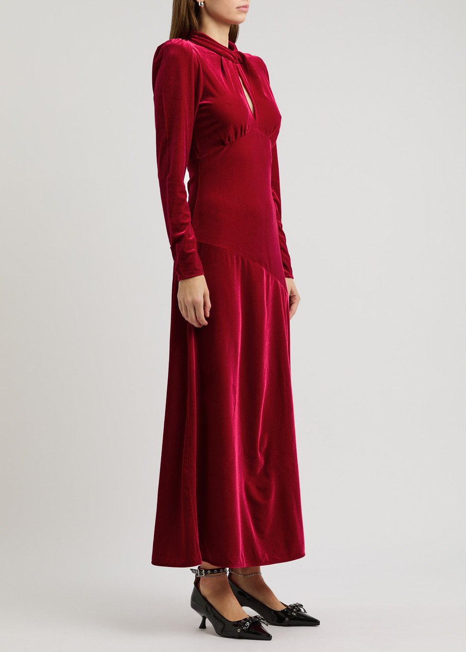 Ganni Velvet Maxi Dress In Red