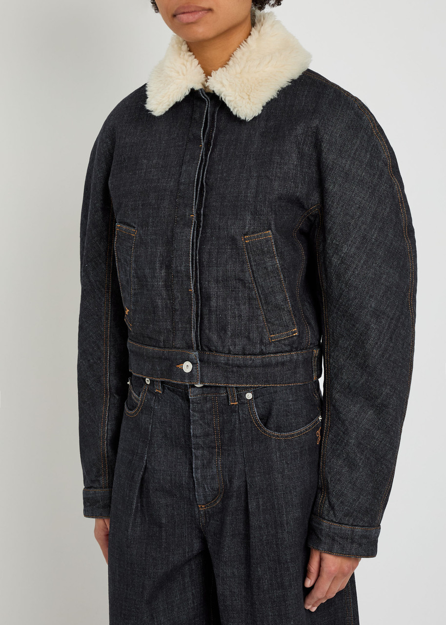 Jacquemus Le Bomber De-nimes Ovalo Blue Jacket With Fur Collar And Two Front Welt Pockets In Denim Woman In Blue