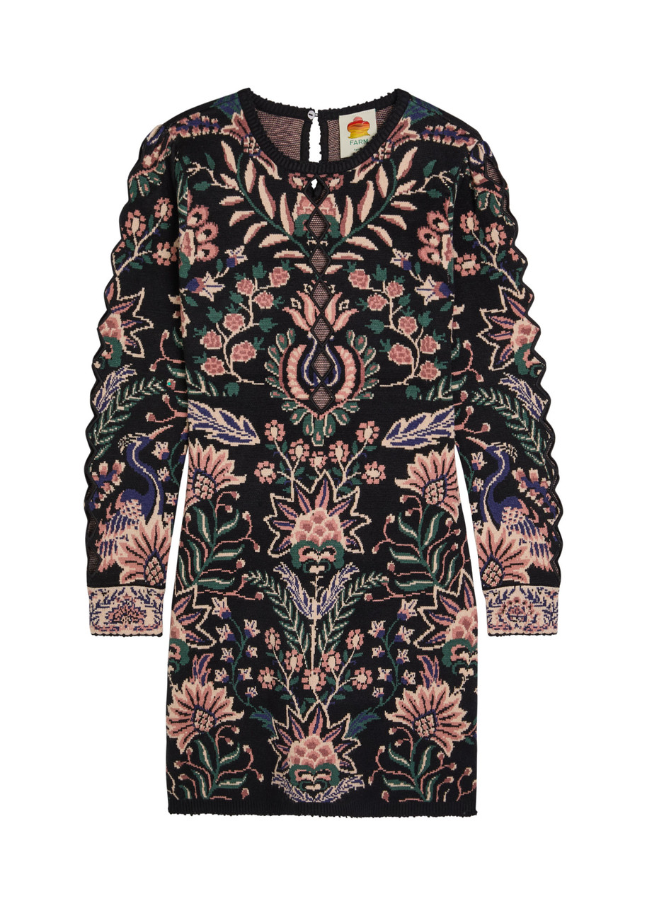 Farm Rio Marvelous Garden Floral-jacquard Knit Mini Dress In Black