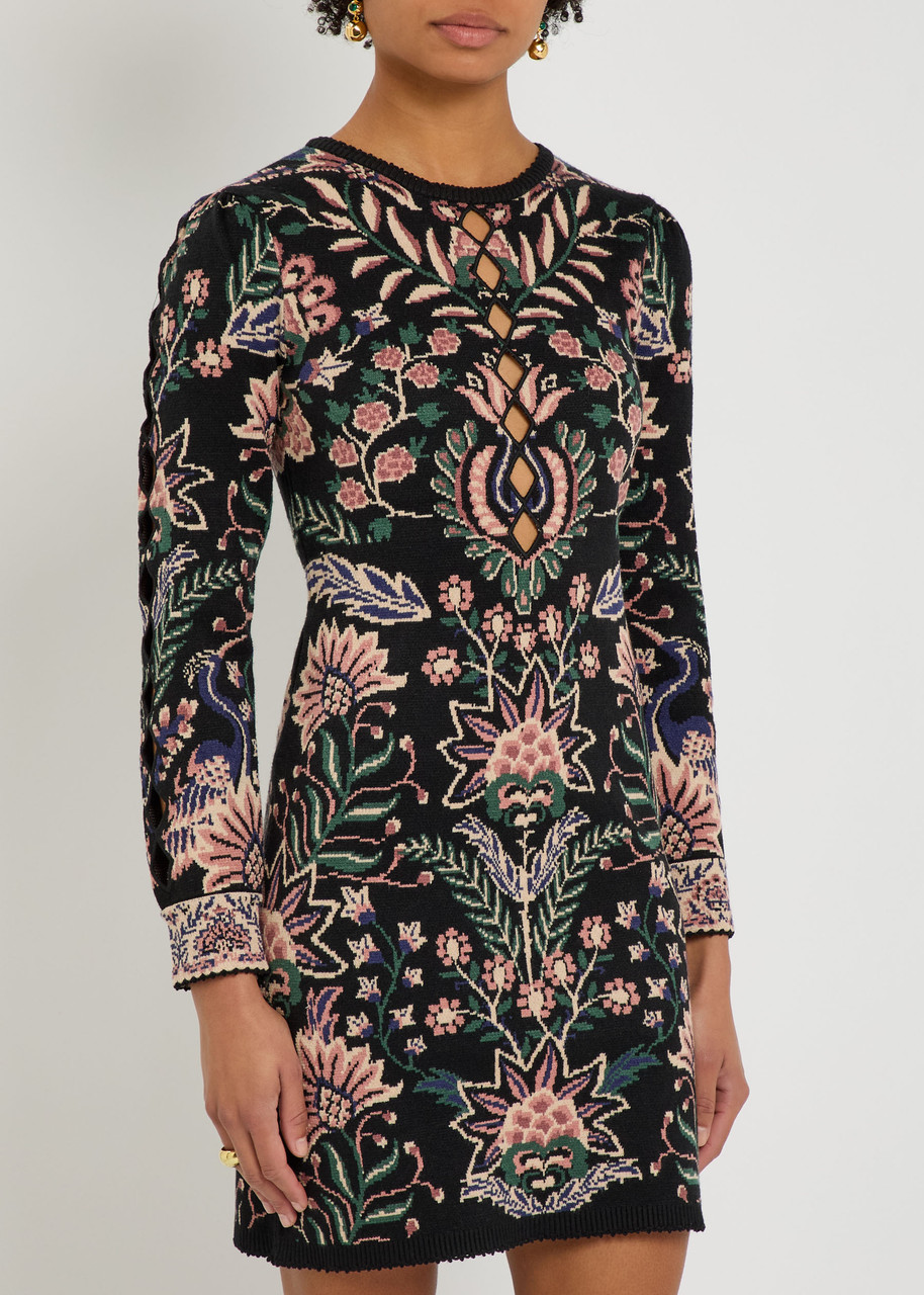 Farm Rio Marvelous Garden Floral-jacquard Knit Mini Dress In Black