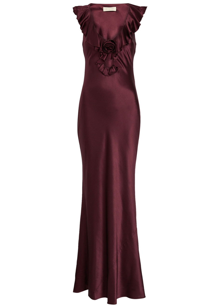 De La Vali Nema Frill-trimmed Silk Blend Maxi Dress In Burgundy