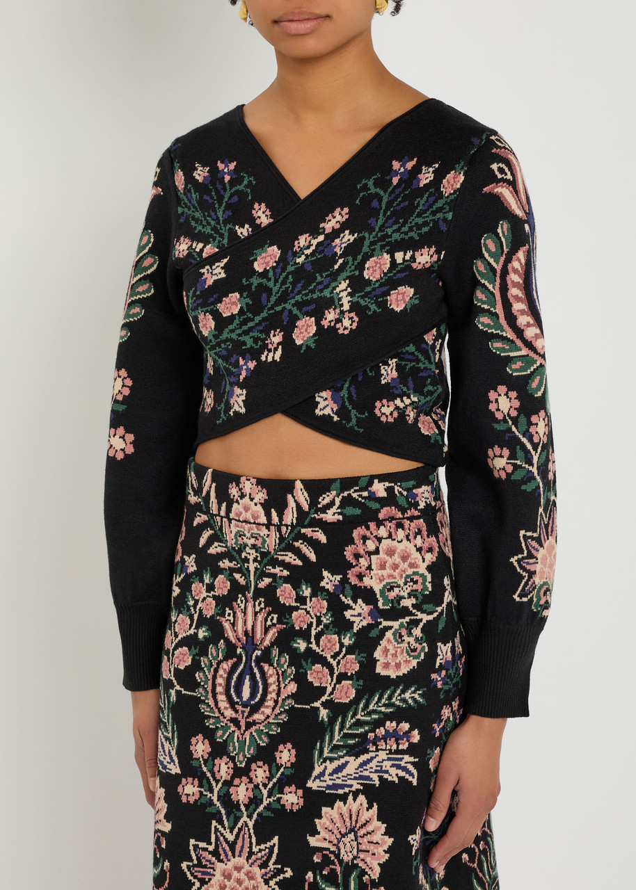 Farm Rio Cropped Knit Top With Floral Motifs And Puffed Sleeves In Multi