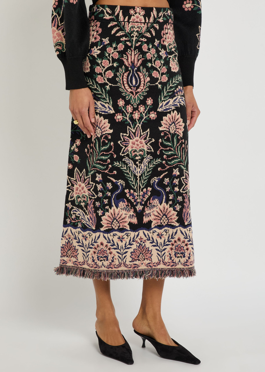 Farm Rio Marvelous Garden Floral-jacquard Knit Midi Skirt In Brown