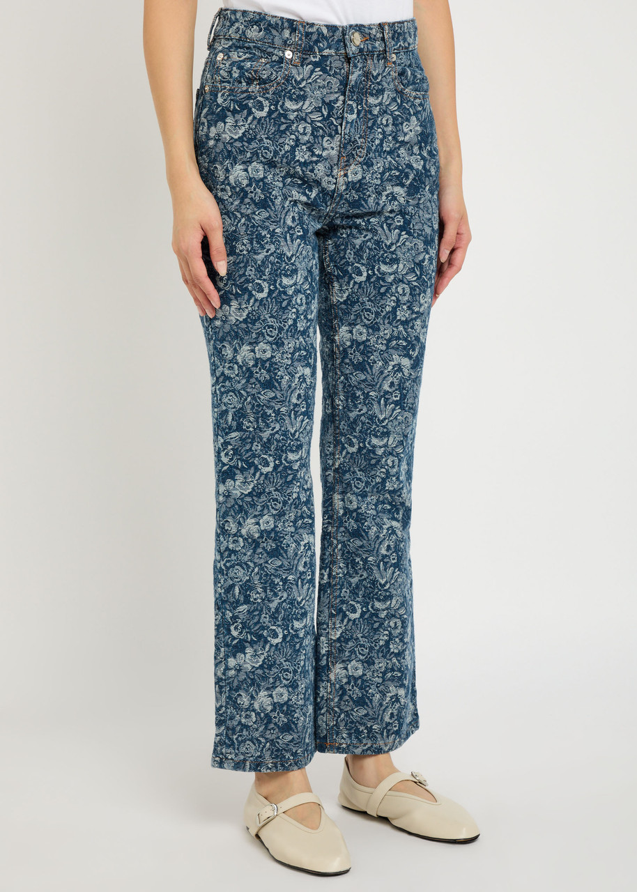 Ganni Betzy Floral-jacquard Bootcut Jeans In Blue