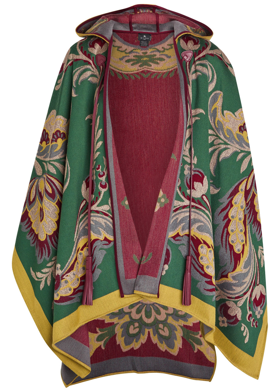 Etro Hooded Jacquard Wool-blend Cape In Multi