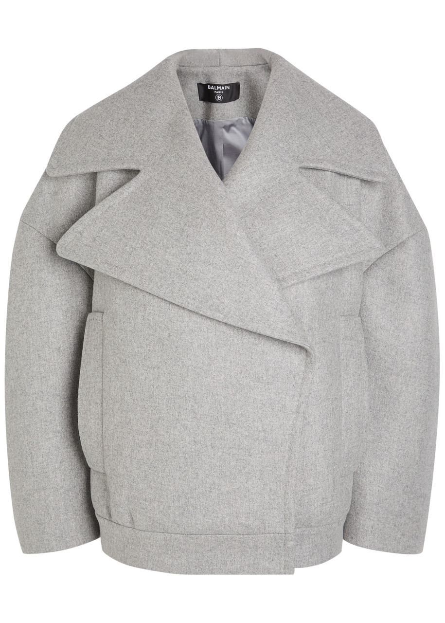 Balmain Oversized Wool Caban Featuring Pockets In Gray
